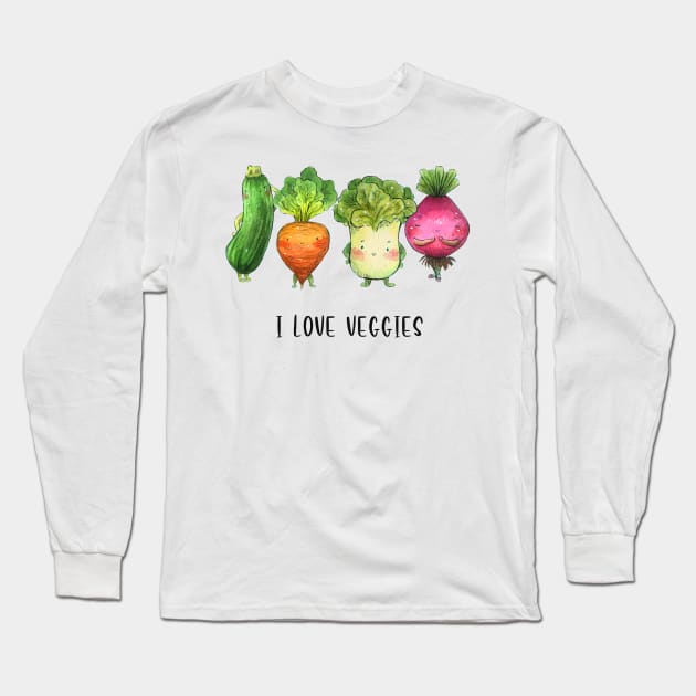 "I love Veggies" Cute Watercolour Handmade Long Sleeve T-Shirt by Carlotta Mascolo Art